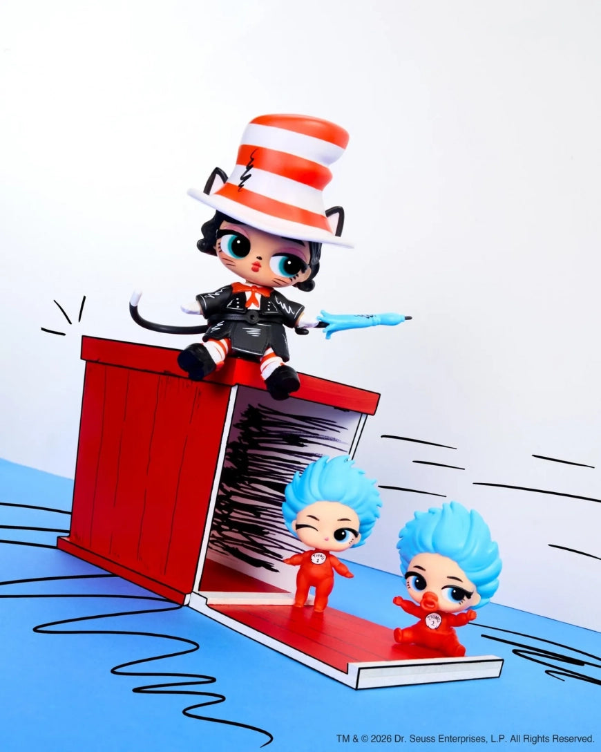 L.O.L. Surprise! Loves Dr. Seuss Tots mystery ball featuring characters like The Cat in the Hat, The Grinch, and Thing 1 and Thing 2.