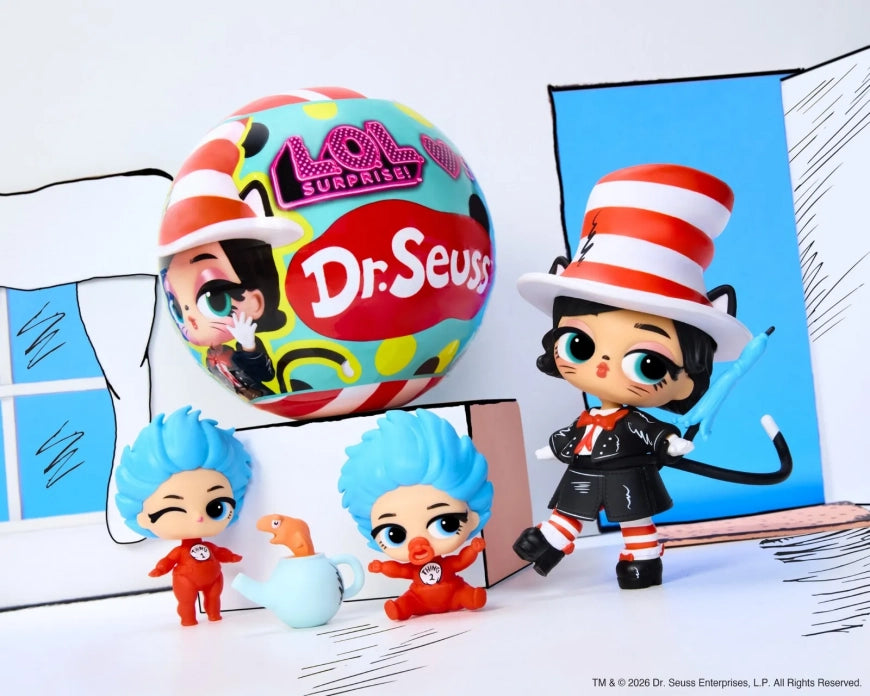 A Dr. Seuss themed toy display featuring a large colorful surprise ball, a Dr.