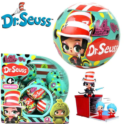 L.O.L. Surprise! Loves Dr. Seuss Tots mystery ball featuring characters like The Cat in the Hat, The Grinch, and Thing 1 and Thing 2.