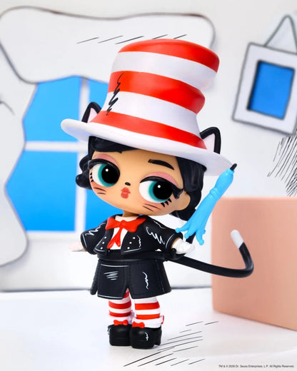 A stylized collectible figurine of a cat-like character wearing a red-and-white striped hat, black outfit, and striped socks, holding a blue syringe. The background is a clean, illustrated white and light blue setting.