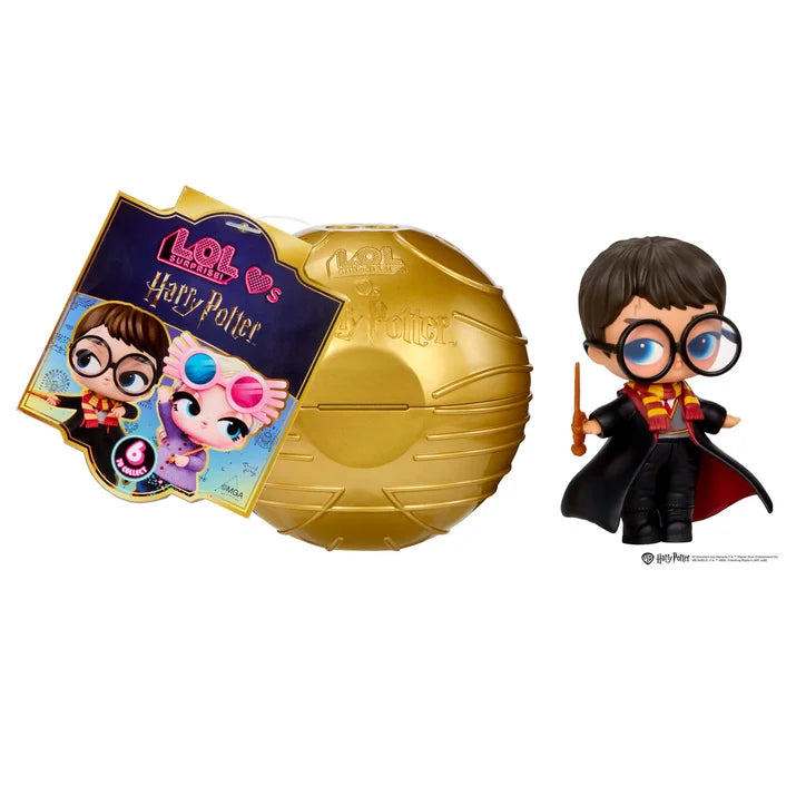 L.O.L. Surprise! Loves Harry Potter Tots gold mystery ball showing Harry Potter figure and Golden Snitch display mode.