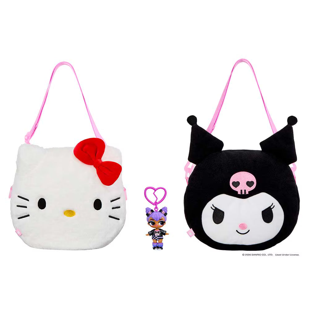 A product set featuring two plush character bags and a small keychain: a white Hello Kitty bag with a red bow and pink strap on the left, and a black Kuromi bag with a pink skull face and pink strap on the right. A small purple-haired keychain doll with a pink heart-shaped strap hangs in the center against a plain white background.