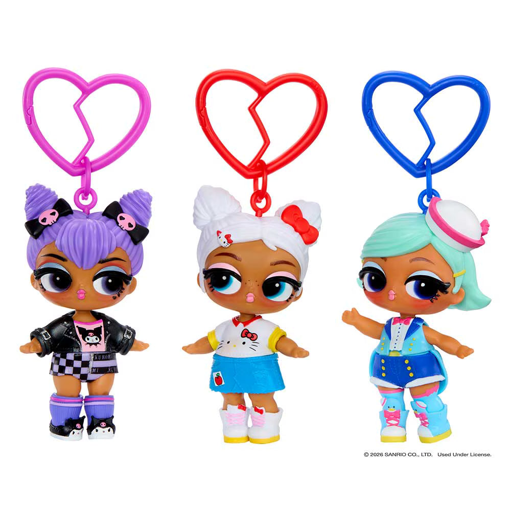 Three LOL Surprise mini fashion dolls with heart-shaped clip attachments in pink, red, and blue, shown on a plain white background.