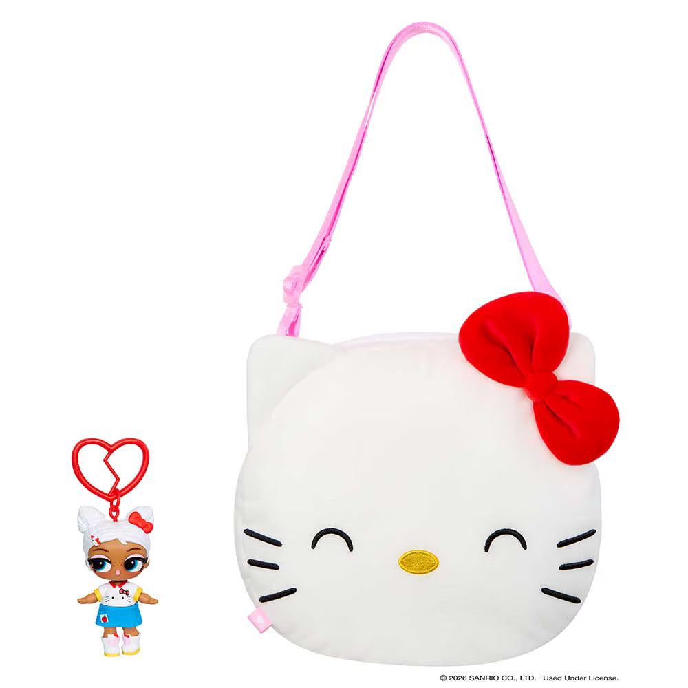 A white Hello Kitty plush shoulder bag with a pink strap and red bow, shown on a white background with a small doll keychain accessory at the lower left.