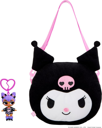 A plush Kuromi character shoulder bag in black and white with pink accents, shown on a white background with a small doll keychain accessory at the lower left.