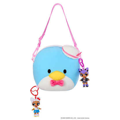 A Hello Kitty Tuxedo Sam shoulder bag in light blue and white with a yellow beak, pink strap, and pink bow tie, shown on a white background with two character keychain charms attached.