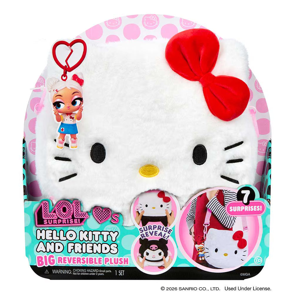 LOLA Surprise! Hello Kitty and Friends Big Reversible Plush in its retail packaging, featuring a white plush face with a red bow and keychain.
