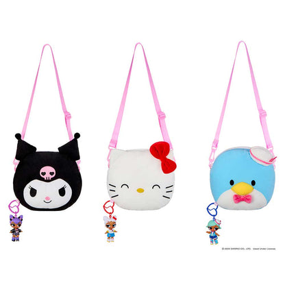 Three plush crossbody bags with pink straps are shown on a white background: a black Kuromi bag with a pink skull detail, a white Hello Kitty bag with a red bow, and a Tuxedo Sam bag with a yellow beak and pink bow. Each bag includes a small character keychain.