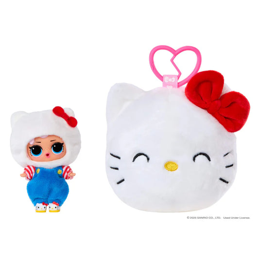 Assortment of L.O.L. Surprise Loves Hello Kitty reversible plush keychains with matching Tot dolls featuring Sanrio characters.