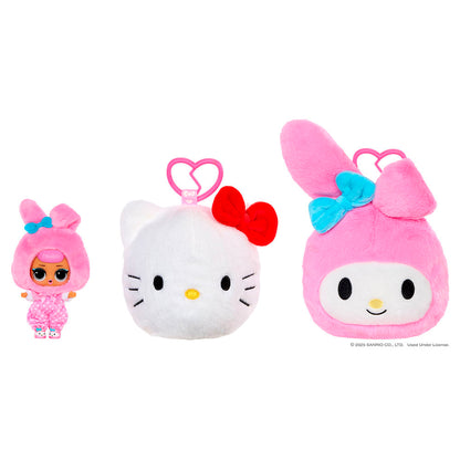 Assortment of L.O.L. Surprise Loves Hello Kitty reversible plush keychains with matching Tot dolls featuring Sanrio characters.