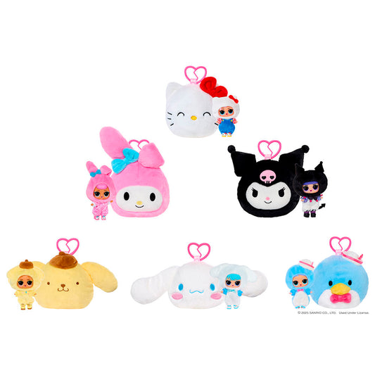 Assortment of L.O.L. Surprise Loves Hello Kitty reversible plush keychains with matching Tot dolls featuring Sanrio characters.
