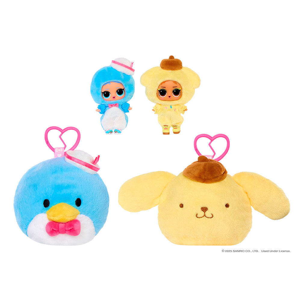 Assortment of L.O.L. Surprise Loves Hello Kitty reversible plush keychains with matching Tot dolls featuring Sanrio characters.
