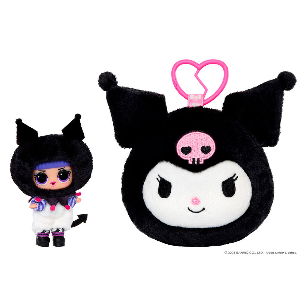 Assortment of L.O.L. Surprise Loves Hello Kitty reversible plush keychains with matching Tot dolls featuring Sanrio characters.