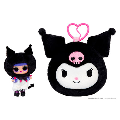 Assortment of L.O.L. Surprise Loves Hello Kitty reversible plush keychains with matching Tot dolls featuring Sanrio characters.