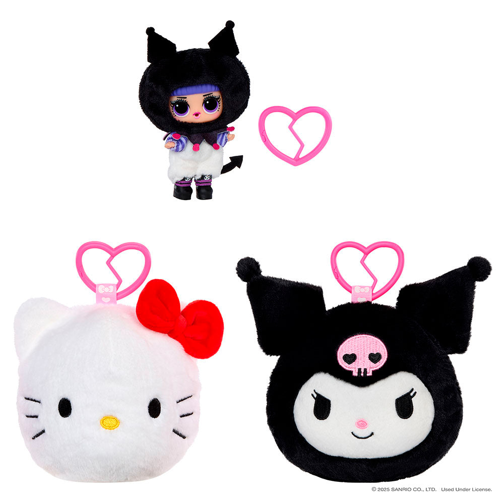 Assortment of L.O.L. Surprise Loves Hello Kitty reversible plush keychains with matching Tot dolls featuring Sanrio characters.
