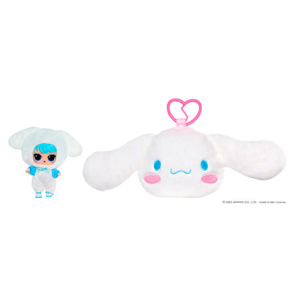 Assortment of L.O.L. Surprise Loves Hello Kitty reversible plush keychains with matching Tot dolls featuring Sanrio characters.