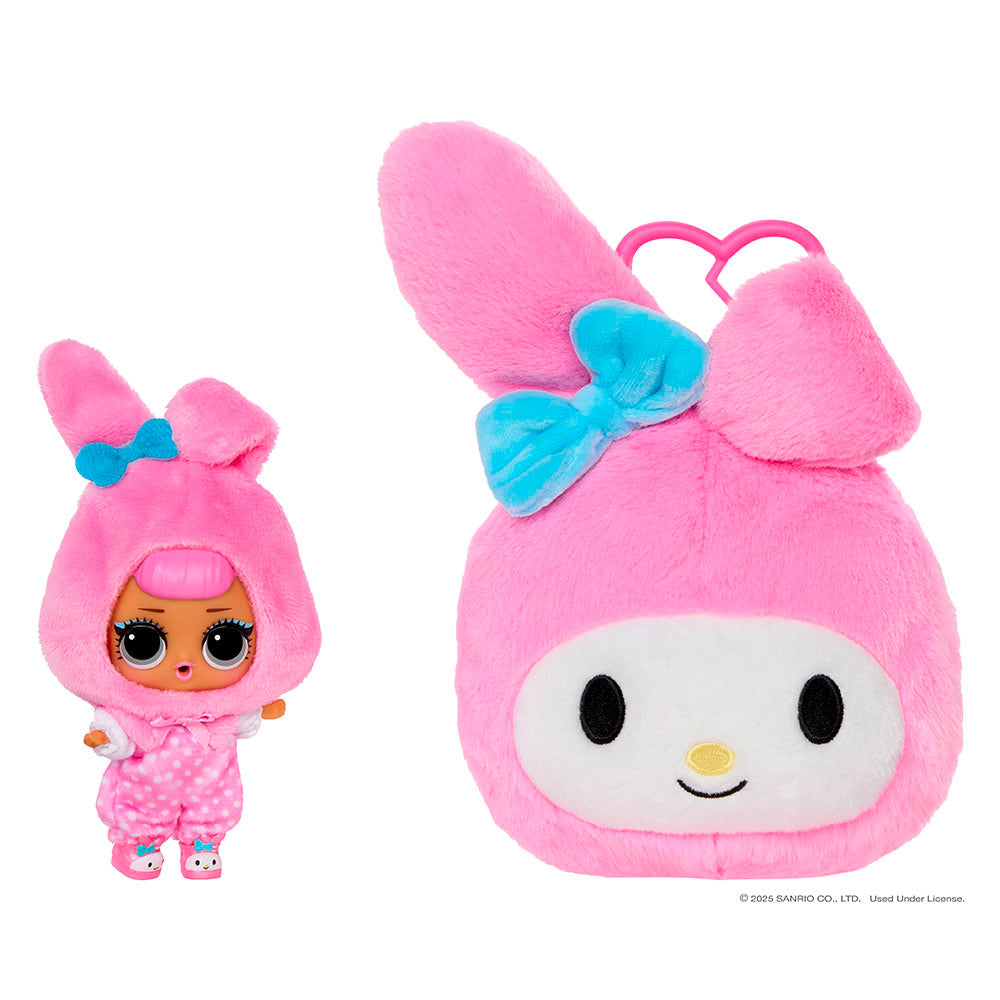 Assortment of L.O.L. Surprise Loves Hello Kitty reversible plush keychains with matching Tot dolls featuring Sanrio characters.