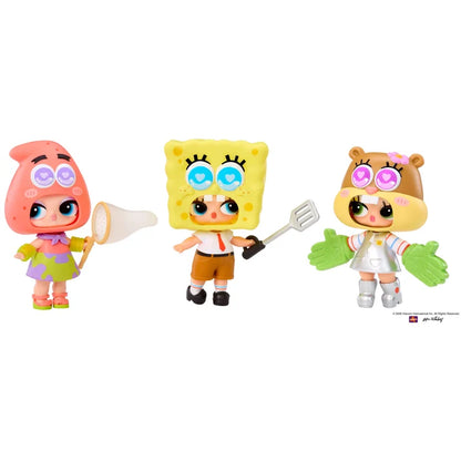 Three small character figurines on a plain white background: a pink creature holding a net on the left, a yellow sponge-like character holding a spatula in the center, and a brown animal character with green gloves on the right. A small copyright/brand mark appears at the lower right.