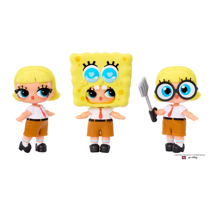 Three SpongeBob-themed toy figures on a plain white background: one with a normal yellow hair bun, one with a sponge head covering, and one with a yellow hair bun and large black glasses holding a spatula.