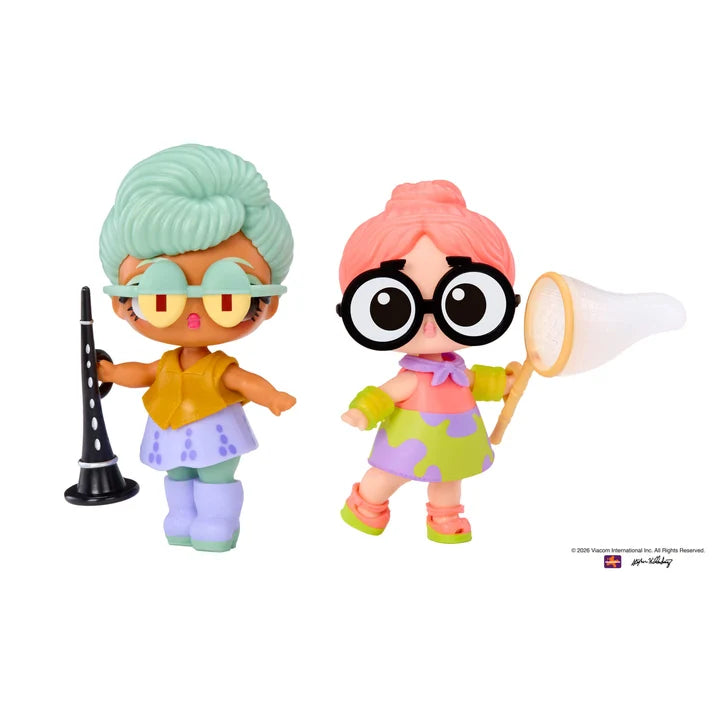 Two L.O.L Loves Spongebob Tots-style toy figures on a plain white background. One figure has mint green hair, yellow glasses, a yellow top, and a lavender skirt while holding a black trumpet-like instrument.