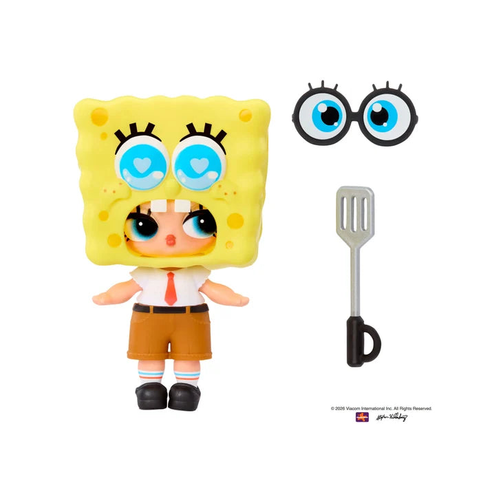 SpongeBob-themed toy figure with a yellow sponge-shaped head, blue eyes, white shirt, orange-brown shorts, and black shoes, shown with an extra pair of round glasses and a gray spatula on a white background.