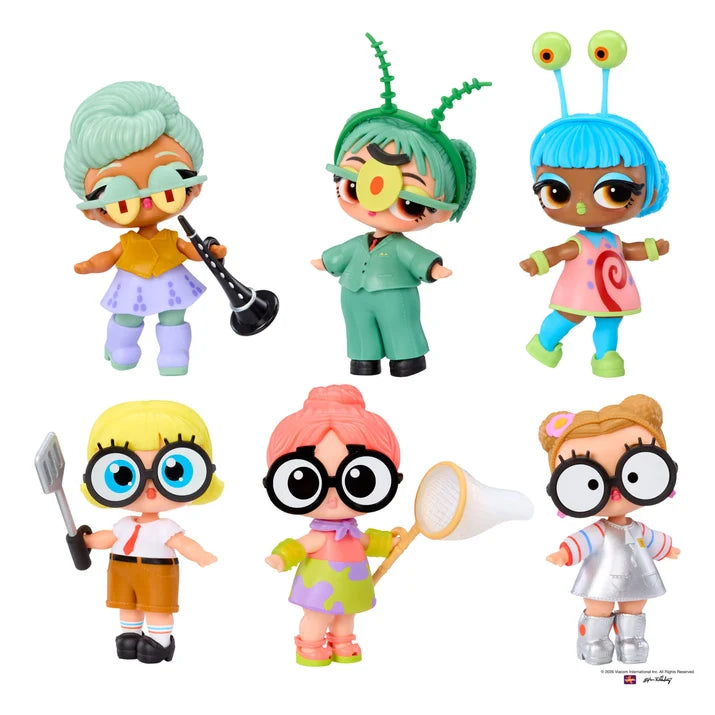 Six small cartoon-style toy figures with oversized glasses and colorful outfits, arranged on a plain white background. The figures include varied hair colors, clothing, and accessories such as a trumpet, spatula, and net.