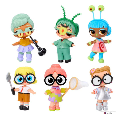 Six small cartoon-style toy figures with oversized glasses and colorful outfits, arranged on a plain white background. The figures include varied hair colors, clothing, and accessories such as a trumpet, spatula, and net.