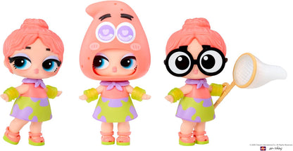 Three small cartoon-style doll figures with pink hair and colorful outfits, shown standing side by side on a plain white background. One figure wears a pink hat with large eyes, and one holds a white net with a yellow handle.