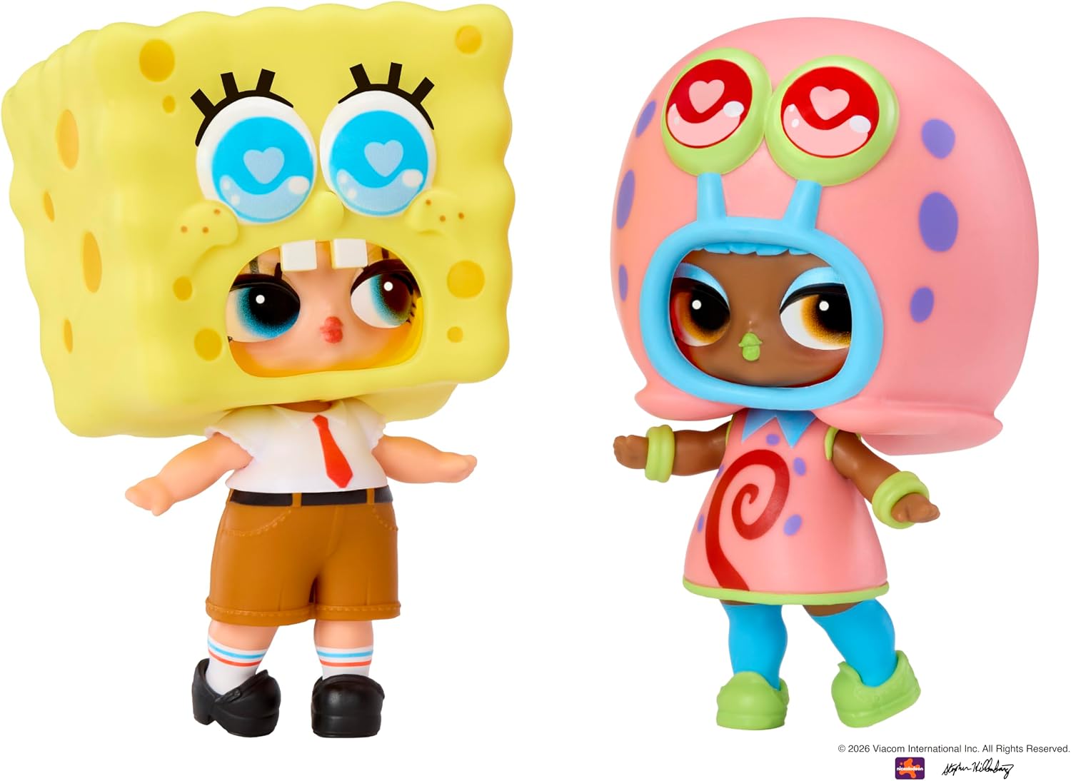 Two toy figurines on a white background: a SpongeBob-inspired figure in a yellow square head costume with blue eyes and a white shirt, and a pink snail-like figure with a pink shell and blue accents.