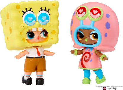 Two toy figurines on a white background: a SpongeBob-inspired figure in a yellow square head costume with blue eyes and a white shirt, and a pink snail-like figure with a pink shell and blue accents.