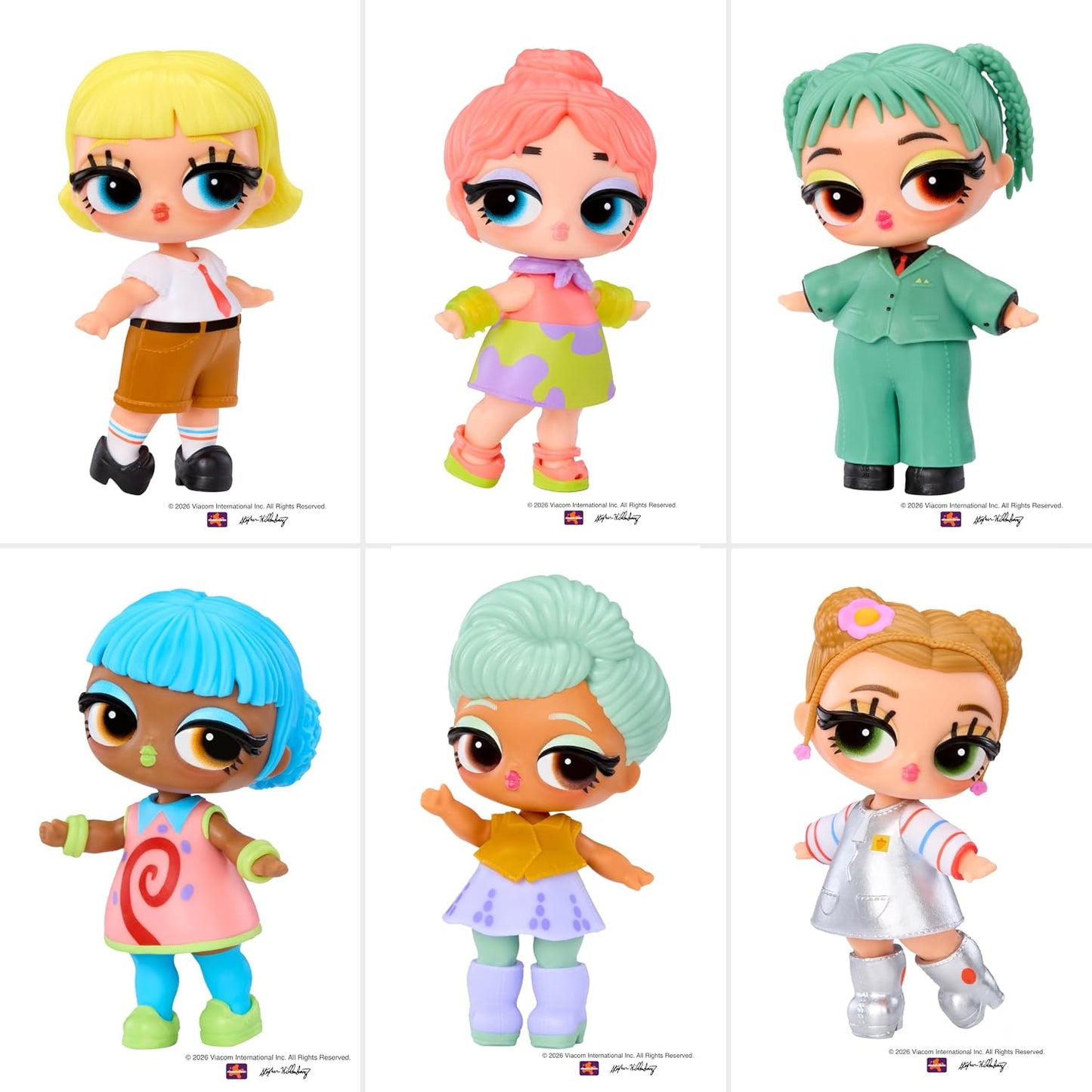 Six cartoon-style doll figures arranged in a 2x3 grid on a white background, each with different hair colors and outfits. Small text at the bottom of each figure appears to read Poppy Monster.