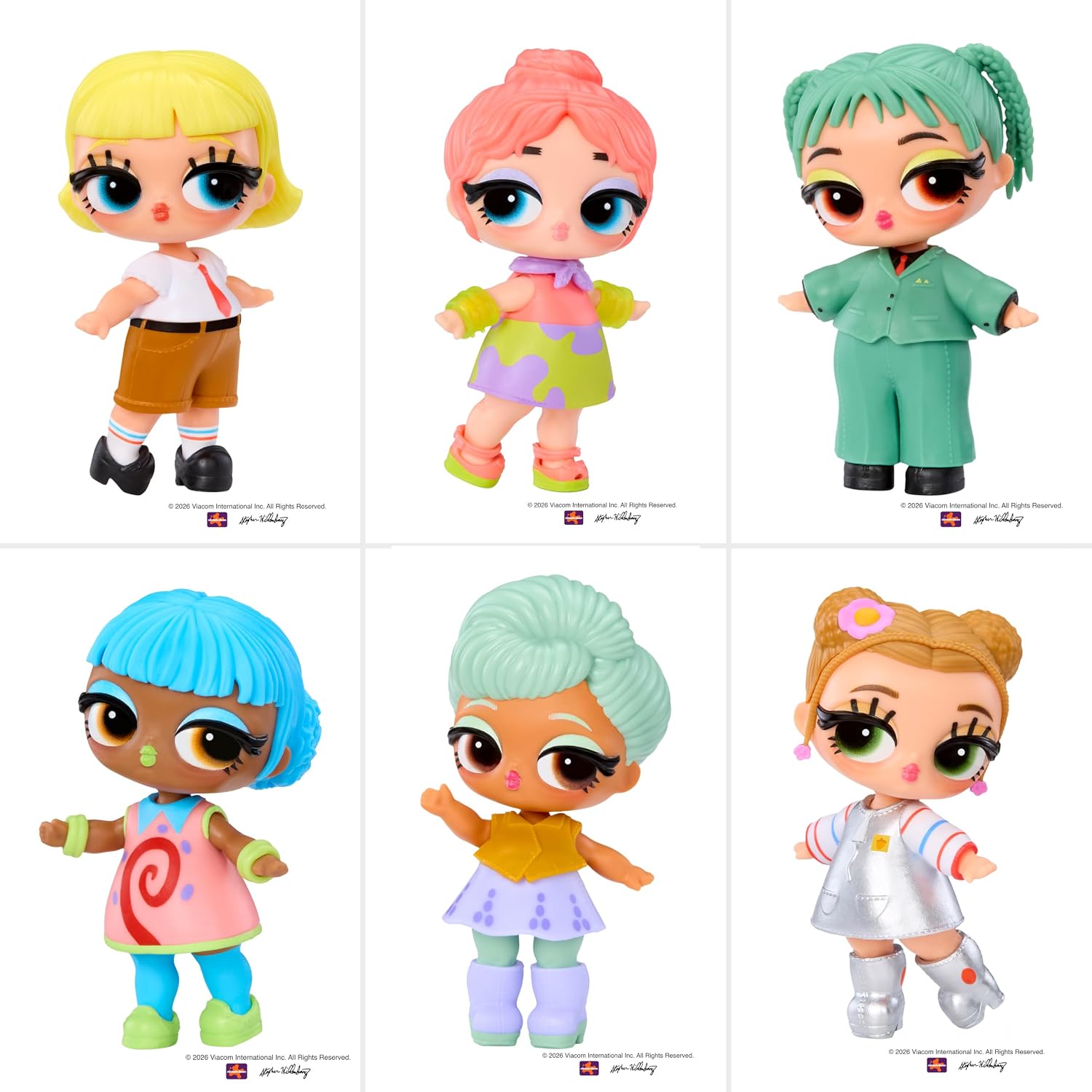 Six cartoon-style doll figures arranged in a 2x3 grid on a white background, each with different hair colors and outfits. Small text at the bottom of each figure appears to read Poppy Monster.