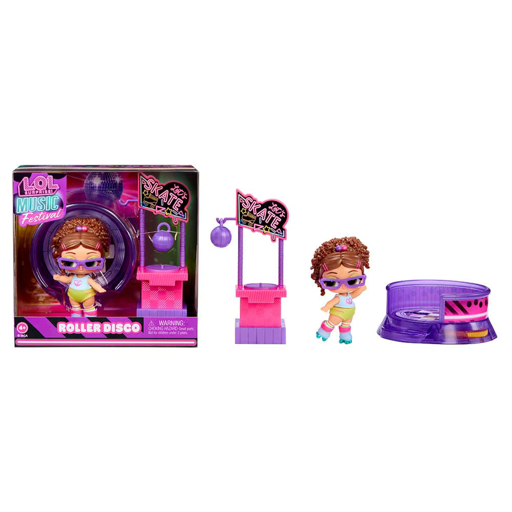L.O.L. Surprise! Music Festival Furniture Packs featuring Main Stage, Neon Arcade, DJ Booth, and Roller Disco sets with exclusive dolls.