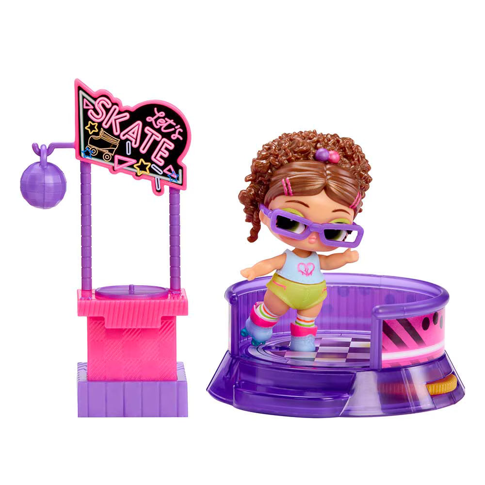 A toy set featuring a small doll with curly brown hair, purple glasses, and roller skate shoes standing on a purple circular platform, next to a pink and purple neon-style skate stand with a disco ball accessory, all on a white background.
