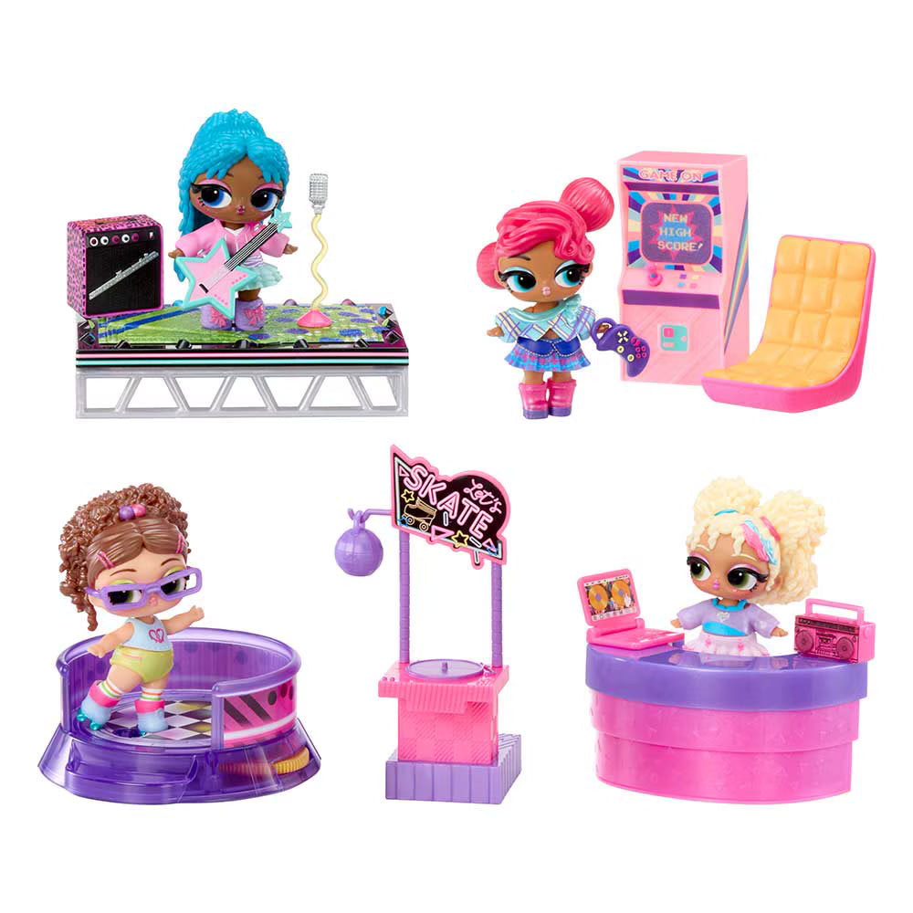 A multi-piece toy playset featuring five small dolls with colorful hair and outfits, along with various themed accessories including a stage, arcade machine, lounge chair, skate stand, and cafe counter, all arranged on a plain white background.