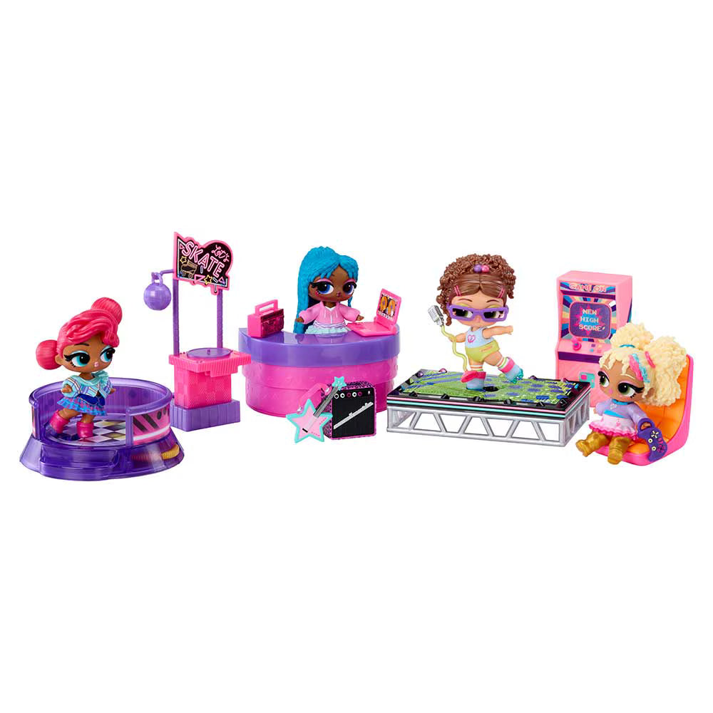 A L.O.L Surprise Music Festival doll playset featuring multiple mini dolls with colorful hair and outfits, along with a pink dance floor, stage, arcade machine, and other accessories, displayed on a clean white background.