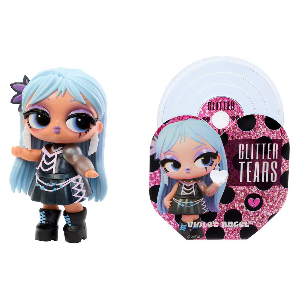 L.O.L. Surprise! Music Festival Tot doll with blue hair next to a mini collectible vinyl album and record sleeve.