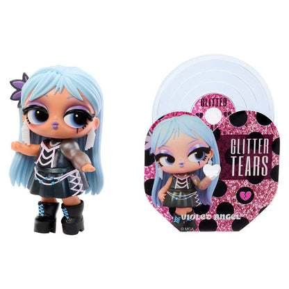 L.O.L. Surprise! Music Festival Tot doll with blue hair next to a mini collectible vinyl album and record sleeve.