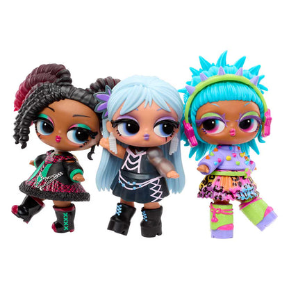 Three stylized doll figures with oversized eyes stand side by side on a plain white background. The left doll has dark curly hair and a black-and-red outfit, the center doll has long light blue hair and a dark dress, and the right doll has bright turquoise hair, pink headphones, and a colorful outfit.