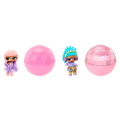 Two pink faceted surprise egg capsules and two small doll figures on a plain white background. One doll has pink hair and a purple outfit, and the other has bright blue hair and a multicolor outfit.