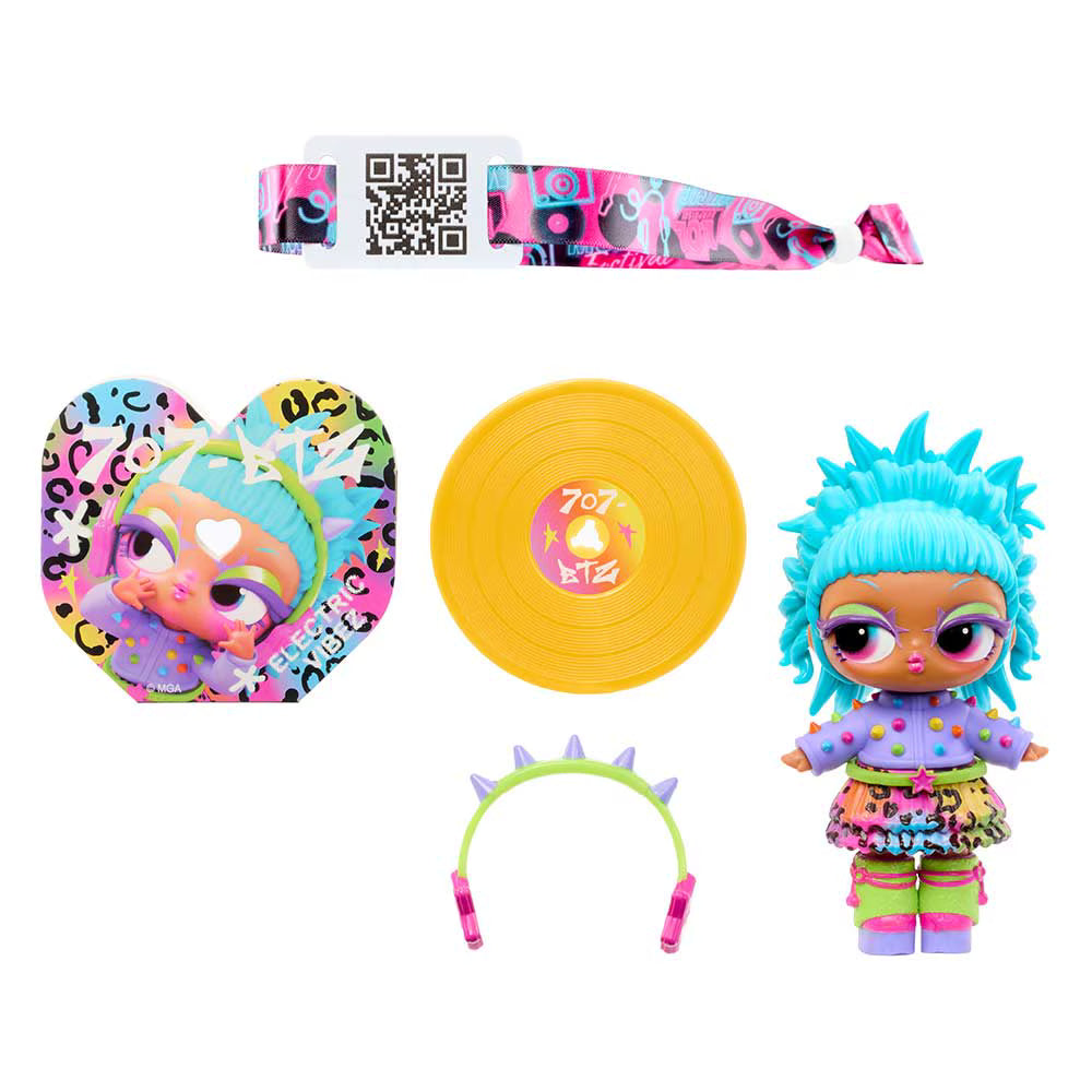 A colorful doll set featuring a blue-haired doll with a purple outfit, a yellow vinyl record accessory, a heart-shaped card, a patterned wrist strap, and a green headband with pink and purple spikes, all arranged on a white background.