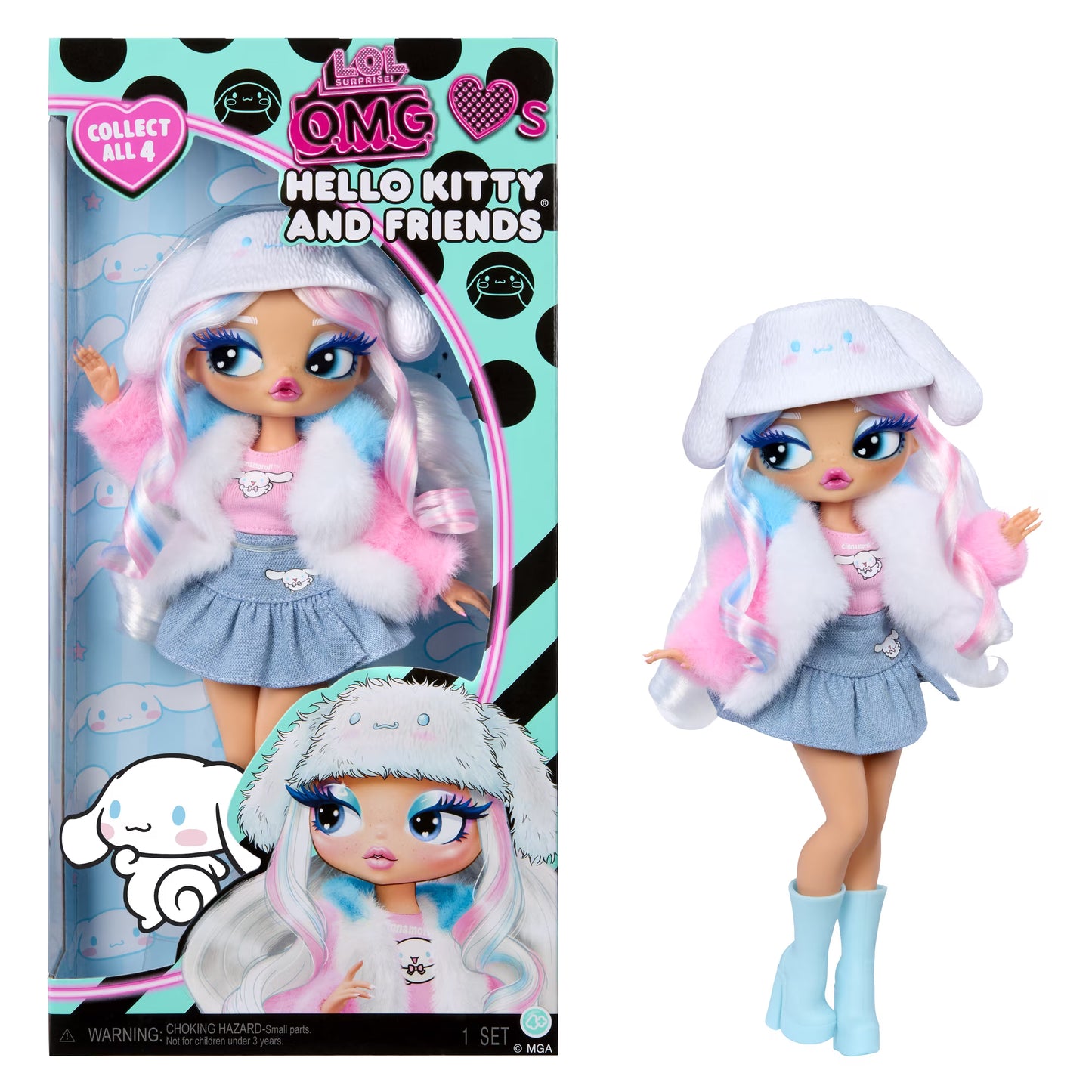 L.O.L. Surprise! O.M.G. Loves Hello Kitty and Friends Cinnamoroll fashion doll with pastel jacket and plush ear hat.