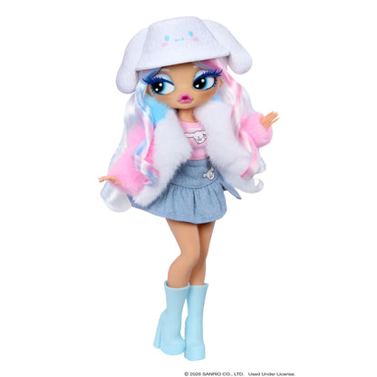 L.O.L. Surprise! O.M.G. Loves Hello Kitty and Friends Cinnamoroll fashion doll with pastel jacket and plush ear hat.