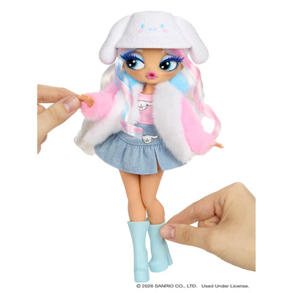L.O.L. Surprise! O.M.G. Loves Hello Kitty and Friends Cinnamoroll fashion doll with pastel jacket and plush ear hat.