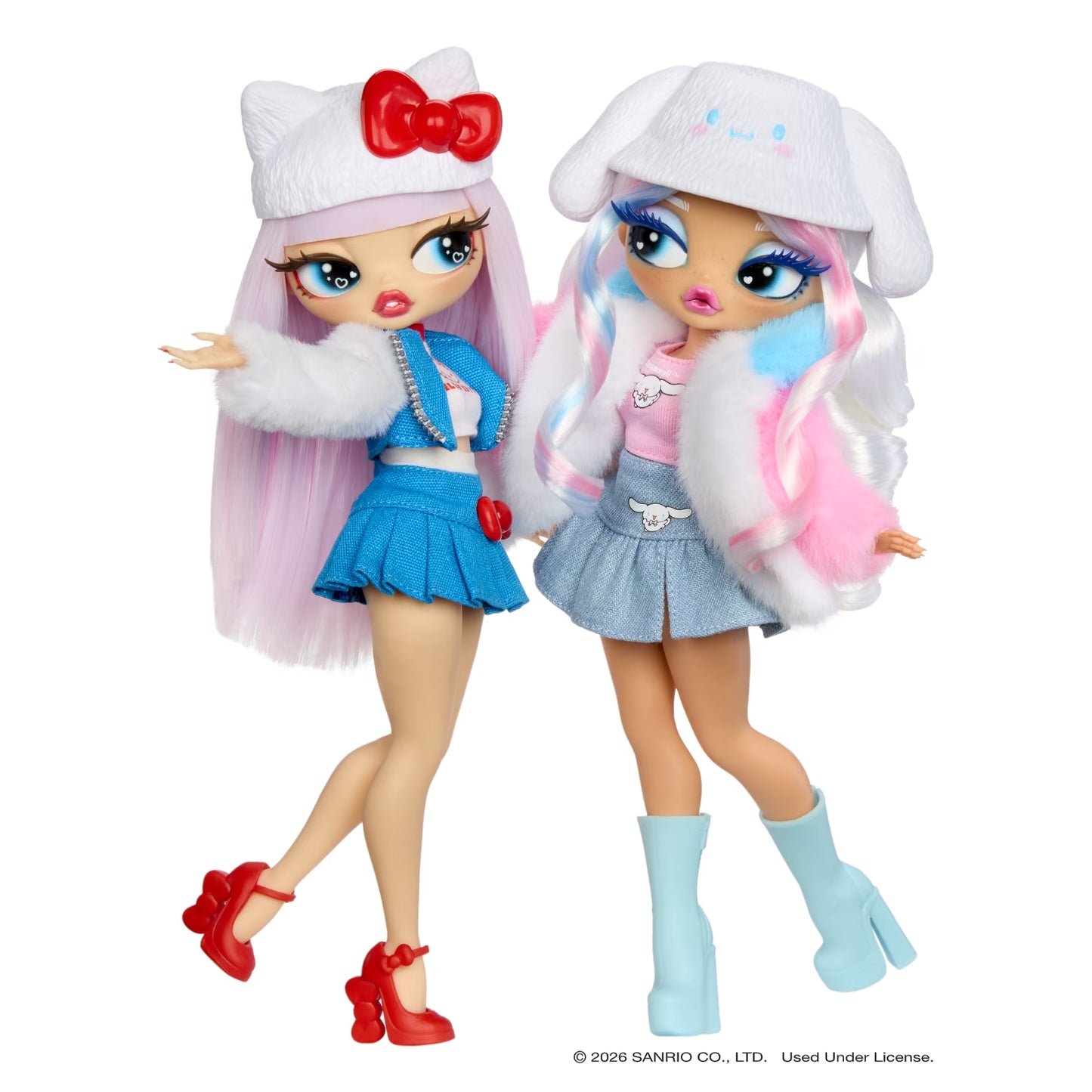 L.O.L. Surprise! O.M.G. Loves Hello Kitty and Friends Cinnamoroll fashion doll with pastel jacket and plush ear hat.