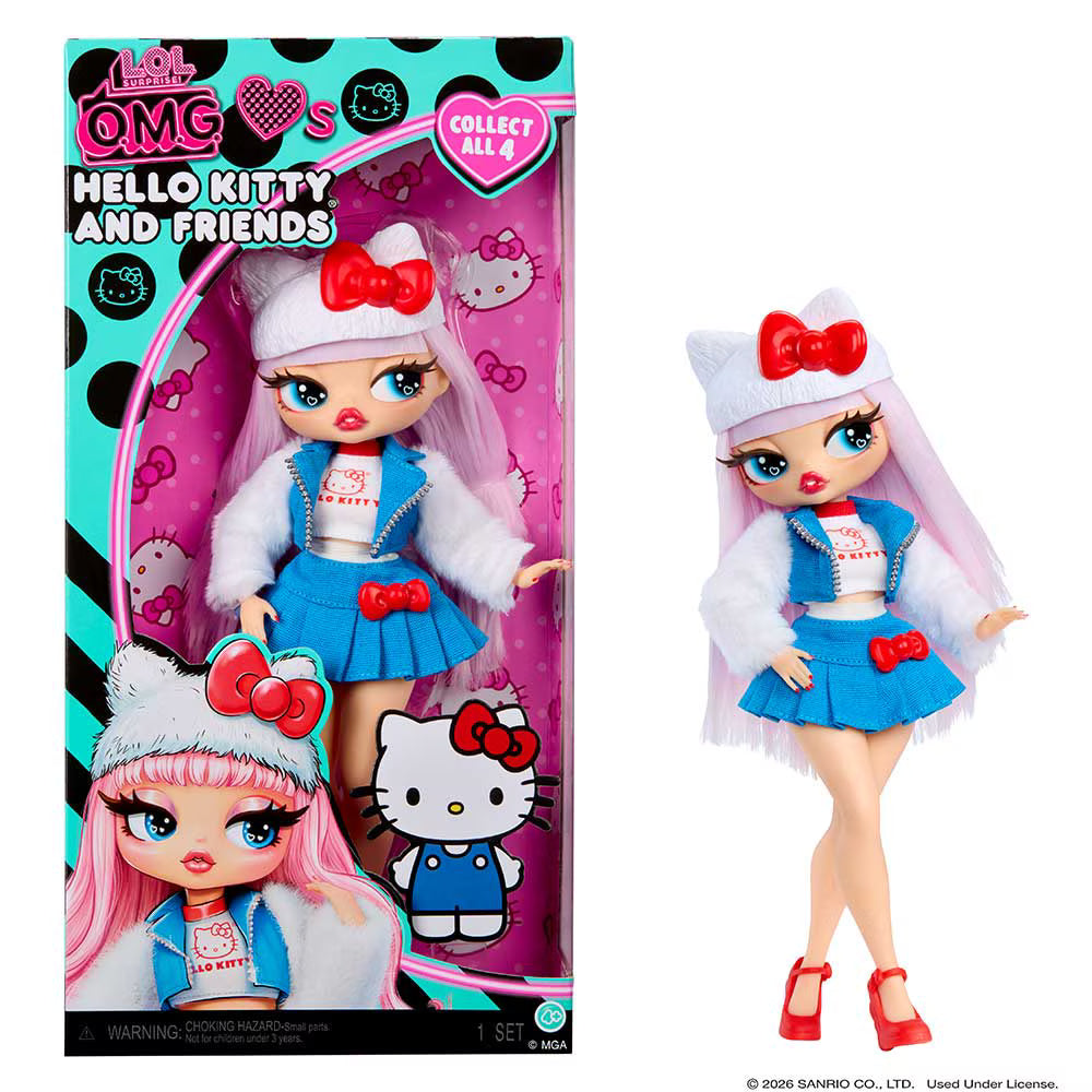 L.O.L. Surprise! O.M.G. Loves Hello Kitty and Friends Hello Kitty fashion doll in packaging and posed.