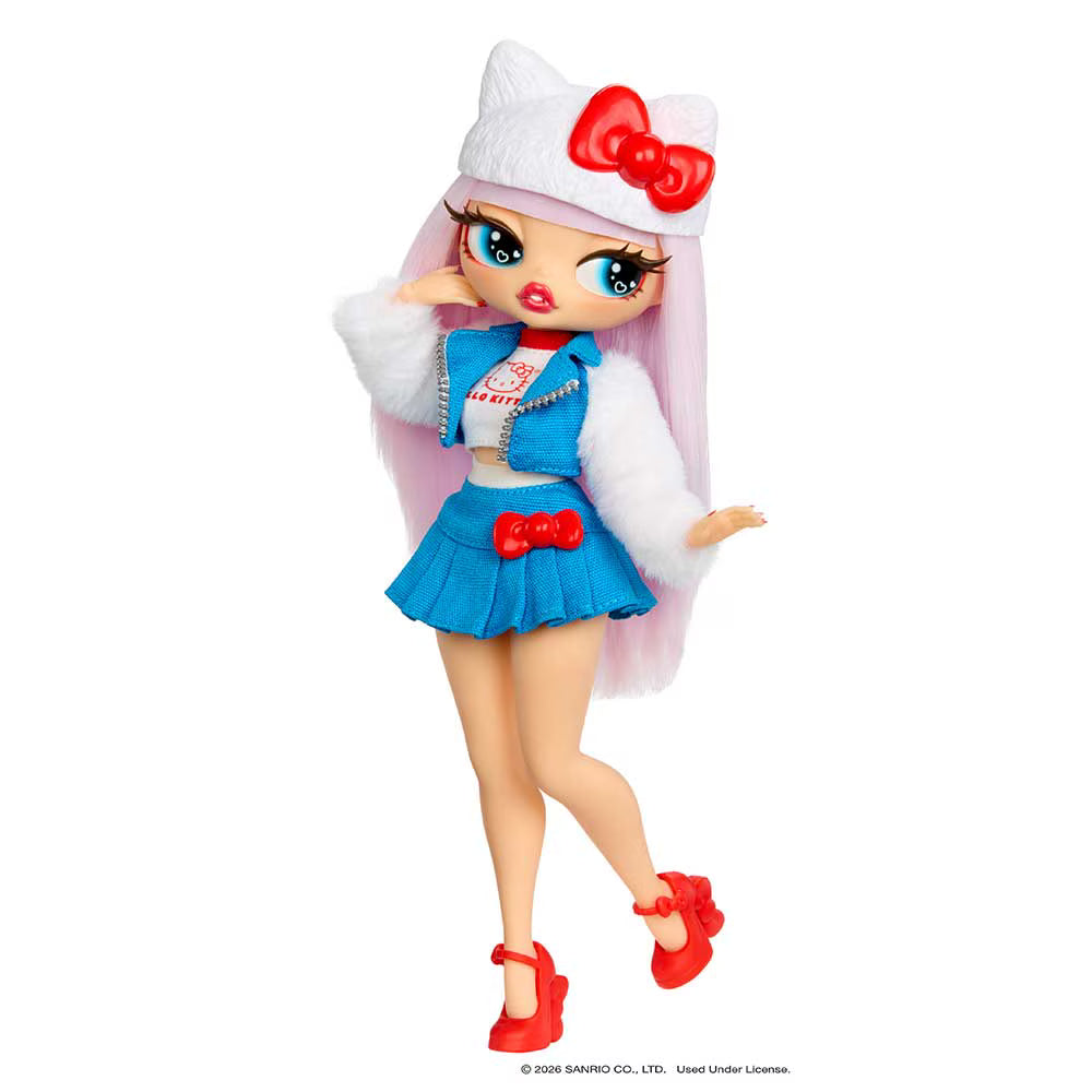 A Hello Kitty doll with long pink hair, wearing a white cat-ear hat with a red bow, a blue and white outfit, a blue pleated skirt with a red bow, and red shoes, shown against a plain white background.