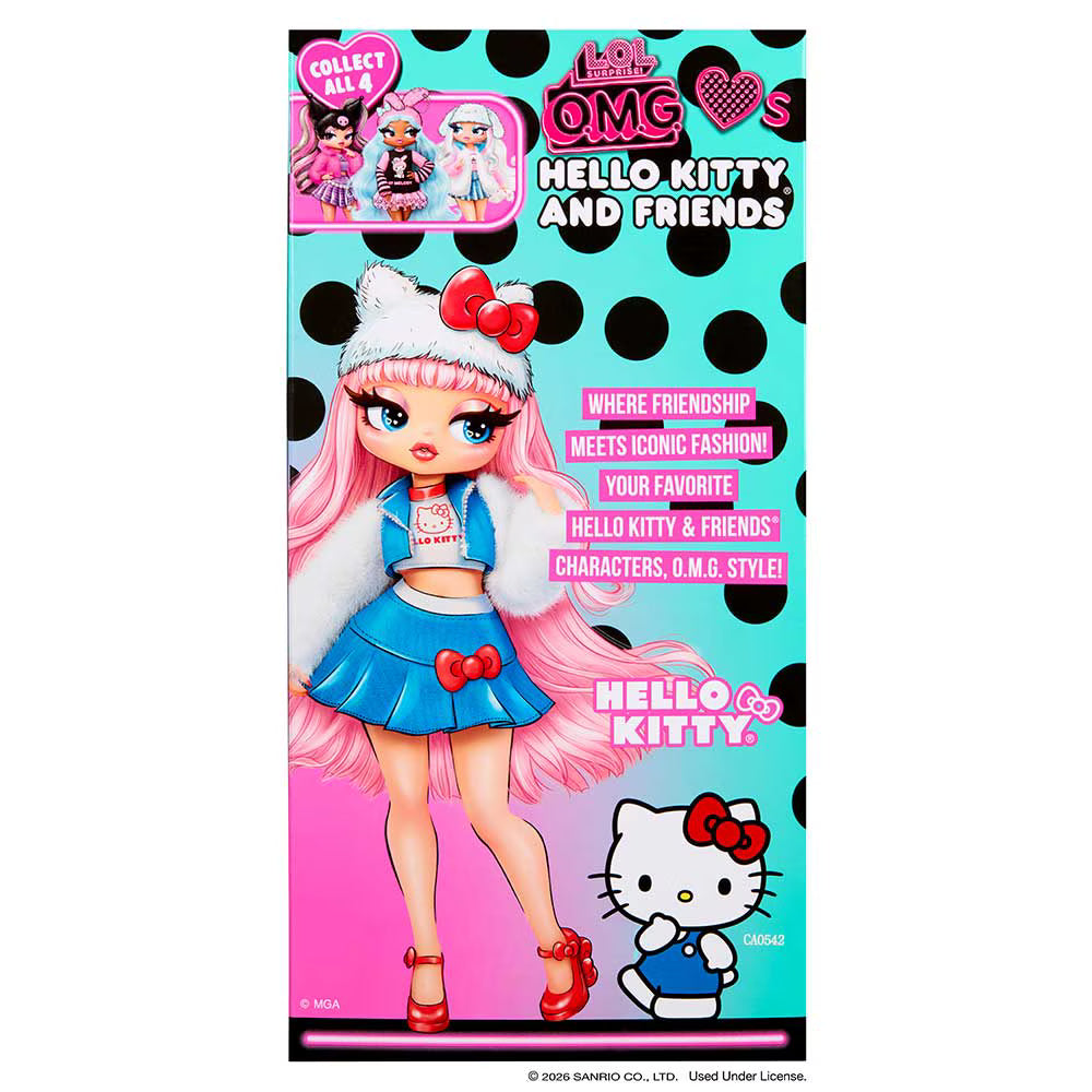 OMG's Hello Kitty and Friends doll packaging, featuring a pink-haired doll dressed in a blue and white outfit with a white furry hat, set against a pink and black polka dot background with a Hello Kitty illustration.