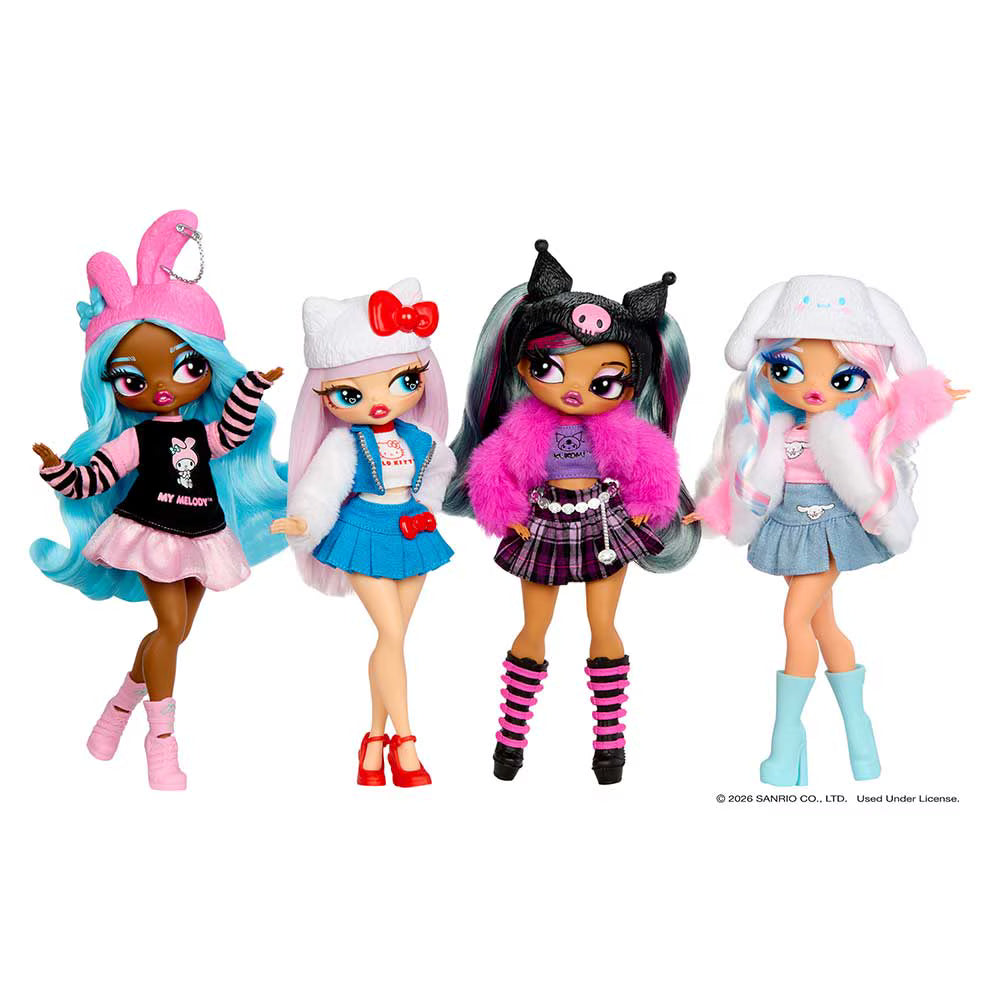 Four fashion dolls standing side by side on a plain white background. Each doll has a different colorful outfit, hair, and accessories, including pink, blue, white, and black elements.