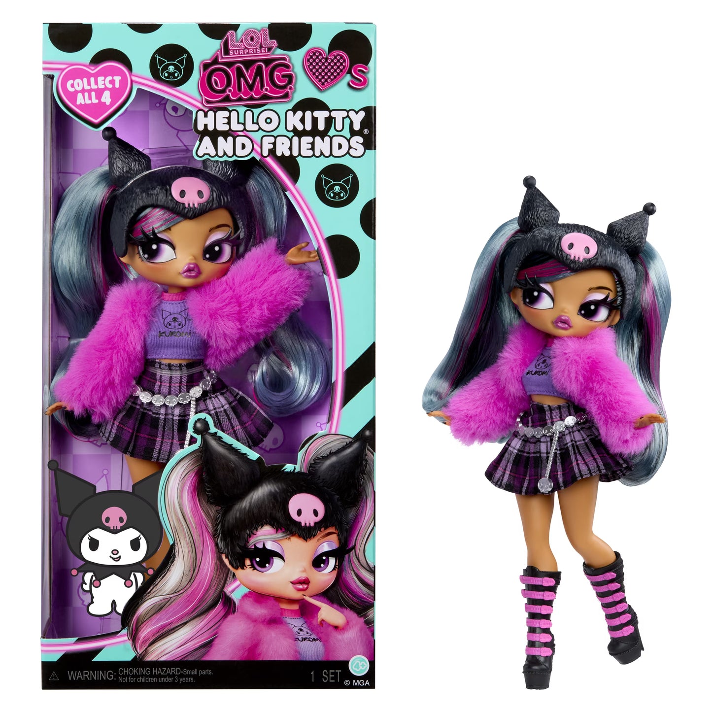 L.O.L. Surprise! O.M.G. Loves Hello Kitty and Friends Kuromi fashion doll with pink faux fur jacket and Kuromi jester hat.
